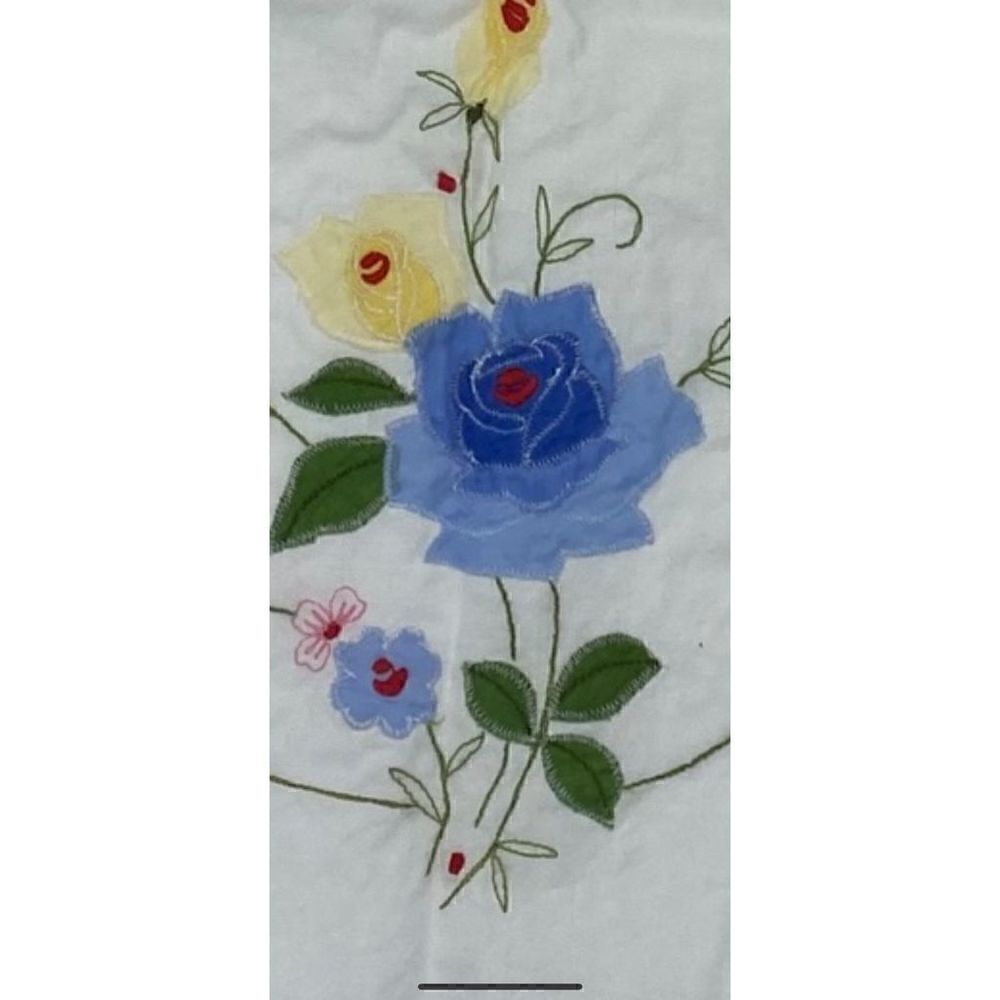 Vintage White Table Runner with Embroidery Blue Rose Floral Detail